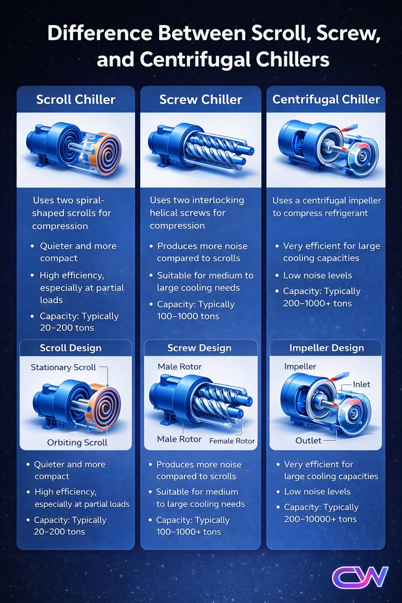 Difference Between Scroll, Screw, and Centrifugal Chillers